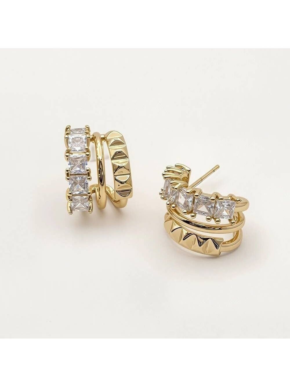 Gold Triple-Row Hoop Earrings with Clear Stones